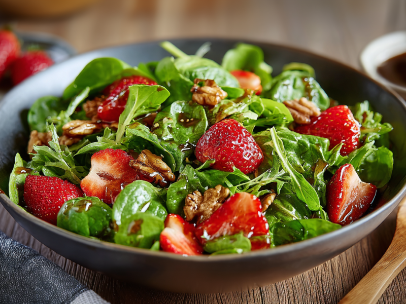 Feldsalat mit Balsamico-Erdbeeren und Walnüssen in einer grauen Schüssel. Daneben liegt ein Holzlöffel.