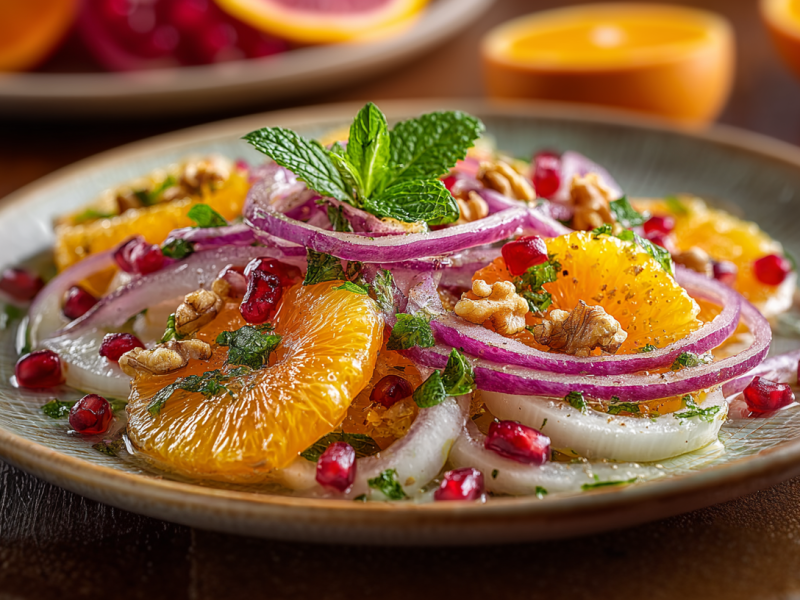 Fenchelsalat mit Orangen und Walnüssen auf einem schlichten, schönen Teller. Im hintergrund liegen noch weitere Zitrusfrüchte.