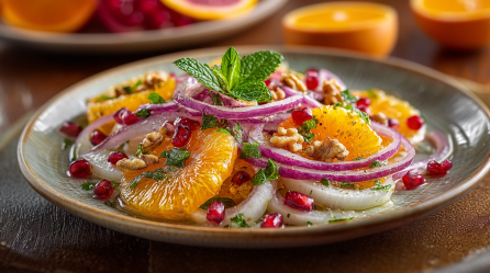 Fenchelsalat mit Orangen und Walnüssen auf einem schlichten, schönen Teller. Im hintergrund liegen noch weitere Zitrusfrüchte.