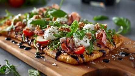 Eine Fladenbrot-Pizza, die auf einem Holzbrett liegt.