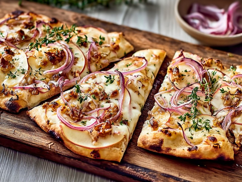 Ein Holzbrett mit einem Flammkuchen mit Apfel und Brie, der in Stücke geschnitten ist. Im Hintergrund kann man eine Schale mit geschnittenen roten Zwiebeln, einen Apfel und frischen Thymian erkennen.