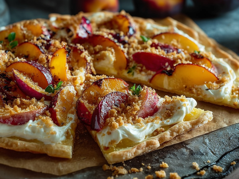 Flammkuchen mit Nektarinen und Streuseln auf einem Brett.