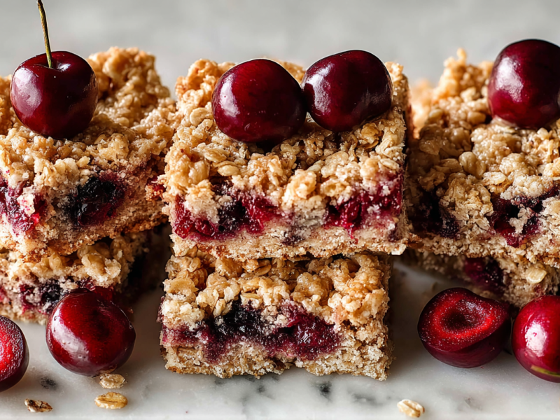 Mehrere kleine Stapel aus Flapjacks mit Kirschen.