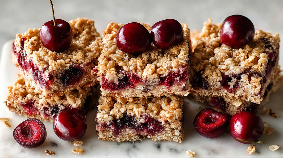 Mehrere kleine Stapel aus Flapjacks mit Kirschen.