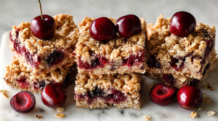 Mehrere kleine Stapel aus Flapjacks mit Kirschen.
