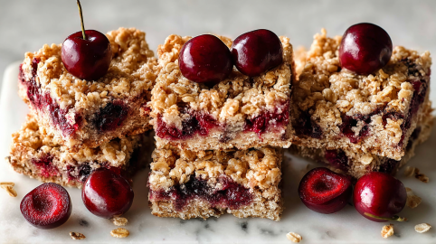 Mehrere kleine Stapel aus Flapjacks mit Kirschen.