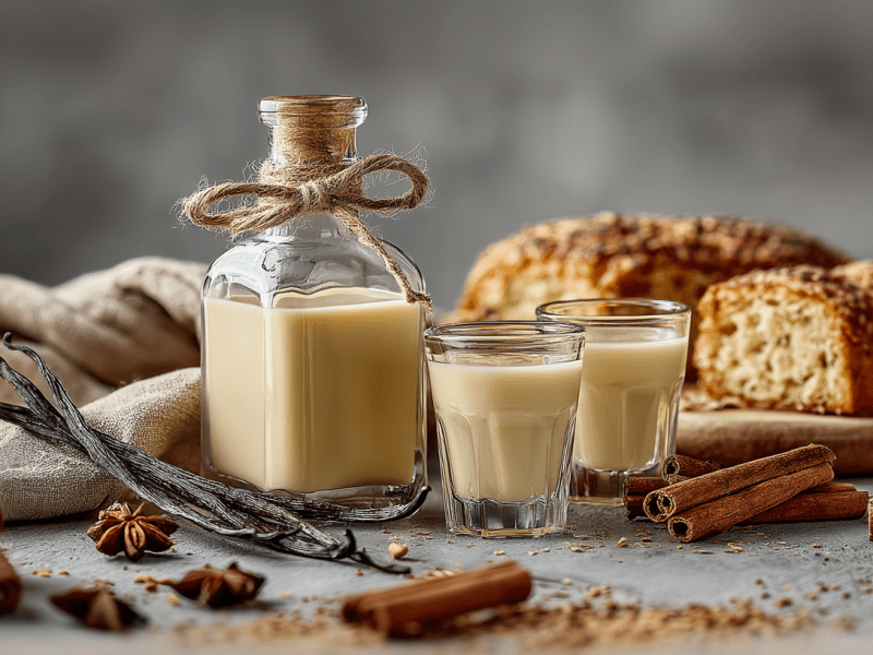 Eine Flasche Franzbrötchenlikör steht auf grauem Untergrund. Daneben stehen zwei Shotgläser mit dem Likör. Im Hintergrund liegen eine Brotstücke. Um die Flasche und Gläser herum liegen Zimtstangen, Vanilleschoten, Sternanis und ein Küchentuch verteilt.
