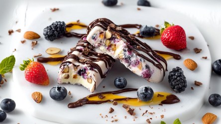 Ein weißes kleines Brett mit zwei Frozen-Buttermilch-Riegeln. Die Riegel enthalten gehackte Nüsse sowie Blaubeeren und Erdbeeren. Die Riegel sind mit Zartbitterschokolade beträufelt. Ringusm liegen frische Beeren verstreut, Honig und Schokospuren sind zu erkennen sowie einige frische Minzblätter.