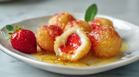 Sechs gebackene Erdbeeren liegen auf einem weißen Teller. Neben ihnen liegt auch eine Erdbeere ohne Teigmantel. Sie sind alle mit etwas Honig übergossen.