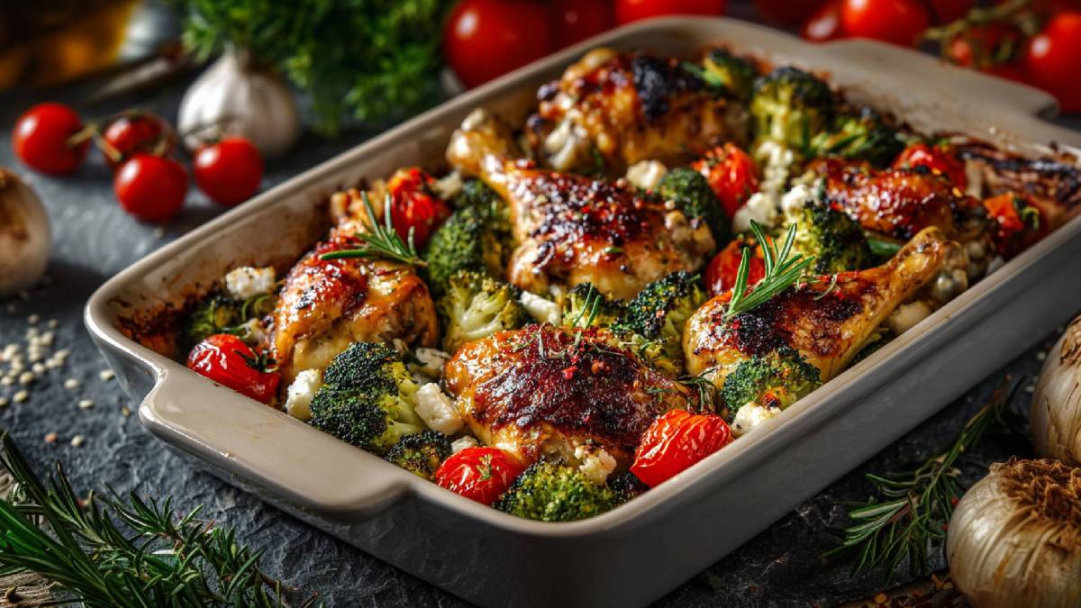 Auflaufform mit Gebackene Hähnchenschenkel mit Tomaten und Brokkoli