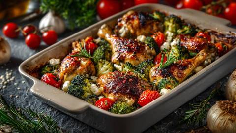 Auflaufform mit Gebackene Hähnchenschenkel mit Tomaten und Brokkoli
