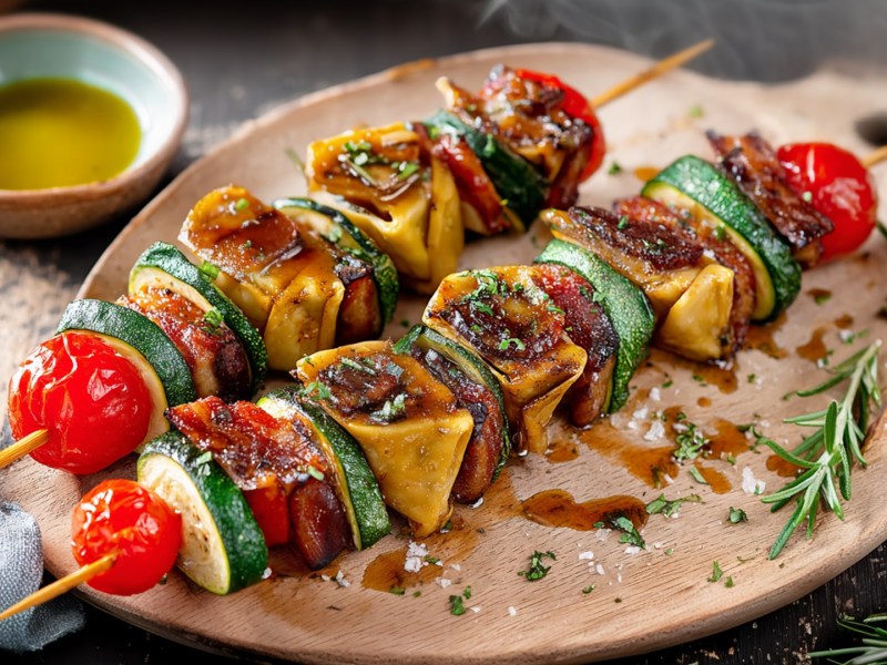 Ein Teller mit zwei gegrillten Maultaschen-Spießen. Auf dem Teller liegt frischer Rosmarin sowie etwas Salz und Pfeffer verstreut. Im Hintergrund kann man eine Schale mit Olivenöl erkennen.