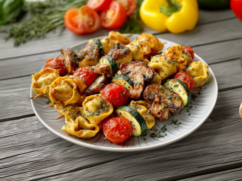 Ein Teller mit gegrillten Tortelloni-Spießen. Der Teller steht auf einem Holzuntergrund. Ringsum liegen gelbe Paprika, Tomaten und frische Kräuter verteilt.
