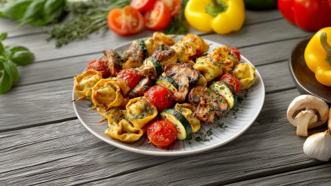 Ein Teller mit gegrillten Tortelloni-Spießen. Der Teller steht auf einem Holzuntergrund. Ringsum liegen gelbe Paprika, Tomaten und frische Kräuter verteilt.