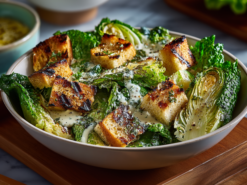 Eine Schüssel mit gegrilltem Romanasalat, garniert mit Brotwürfeln und Parmesan-Dressing.
