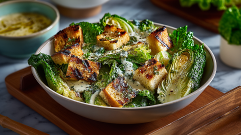 Eine Schüssel mit gegrilltem Romanasalat, garniert mit Brotwürfeln und Parmesan-Dressing.