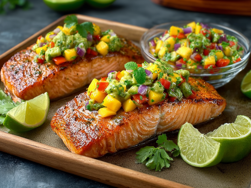 Zwei Stücke gegrillter Lachs liegen auf einem Tablett, mit je einem großen Klecks Mango-Salsa. Limettenspalten und Korianderblätter als Deko daneben.