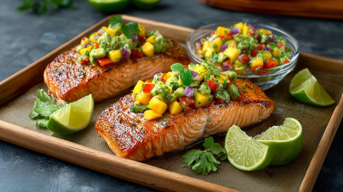 Zwei Stücke gegrillter Lachs liegen auf einem Tablett, mit je einem großen Klecks Mango-Salsa. Limettenspalten und Korianderblätter als Deko daneben.