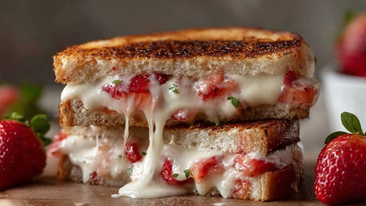 Zwei aufgeschnittene gegrillte Erdbeer-Käse-Sandwiches auf einem Tisch