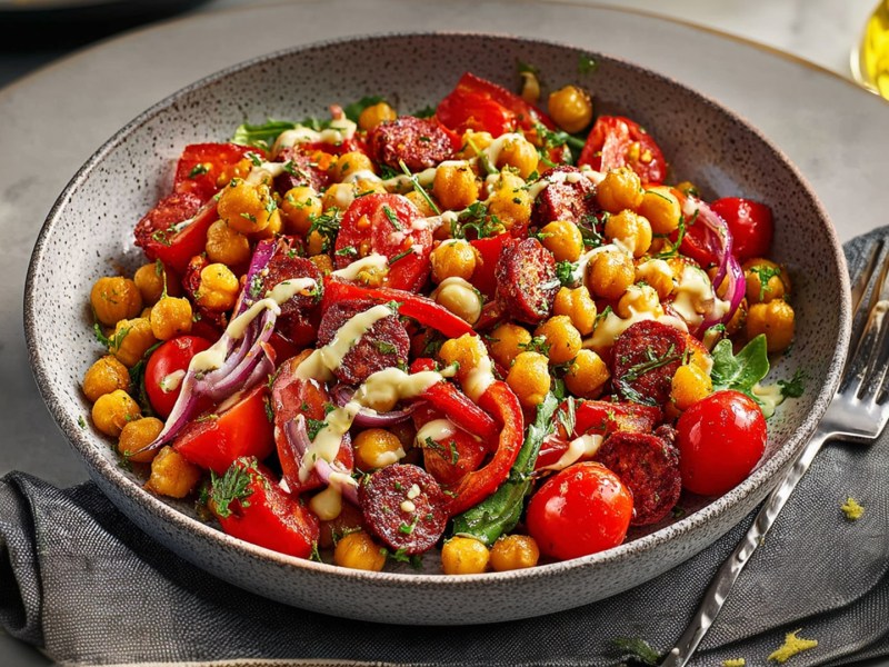 Ein großer tiefer Teller mit geröstetem Kichererbsensalat mit Chorizo. Der Teller steht auf einem größeren Teller. Außerdem liegt dort eine Gabel auf einer Stoffserviette.