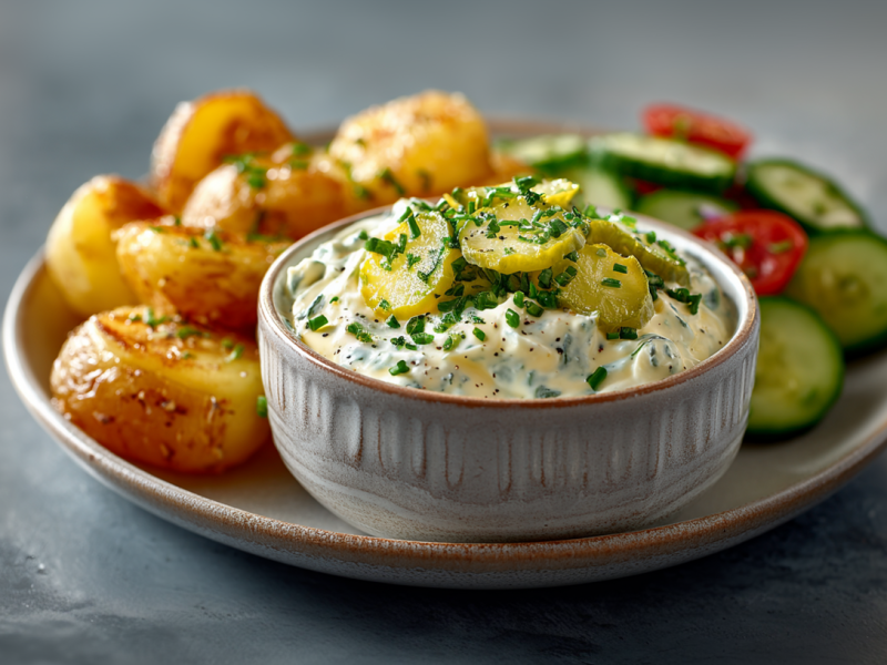 Ein Teller mit einer Schale mit Gewürzgurken-Dip, Kartoffeln und Salat.