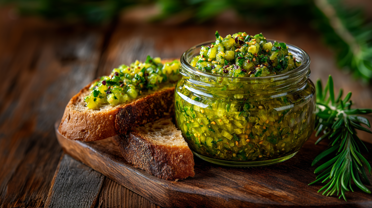 Ein Glas mit Gewürzgurken Relish auf einem Holzbrett. Daneben liegen zwei Scheiben Brot. Eine ist mit etwas Relish bestrichen.