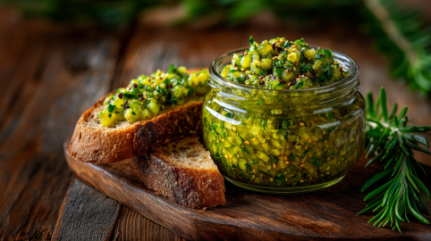 Ein Glas mit Gewürzgurken Relish auf einem Holzbrett. Daneben liegen zwei Scheiben Brot. Eine ist mit etwas Relish bestrichen.