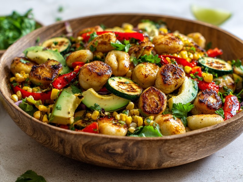 Ein große Holzschüssel mit Gnocchi-Salat mit gegrilltem Gemüse, der aus roter Paprika, Zucchini, Mais, Avocado und Koriander besteht. Im Hintergrund kann man Limettenstücke sowie eine Schale mit Koriander erkennen.