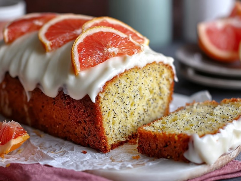 Ein aufgeschnittener Grapefruit-Mohn-Kuchen, der mit einem Frischkäse-Frosting und frischen Grapefruitscheiben garniert ist. Im Hintergrund sind Grapefruitstücke auf einem Teller und eine halbe Zitrone zu sehen. Der Kuchen liegt auf einem weißen Backpapier auf einem rosa Küchenhandtuch.