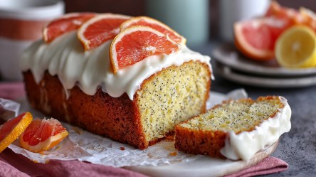 Ein aufgeschnittener Grapefruit-Mohn-Kuchen, der mit einem Frischkäse-Frosting und frischen Grapefruitscheiben garniert ist. Im Hintergrund sind Grapefruitstücke auf einem Teller und eine halbe Zitrone zu sehen. Der Kuchen liegt auf einem weißen Backpapier auf einem rosa Küchenhandtuch.