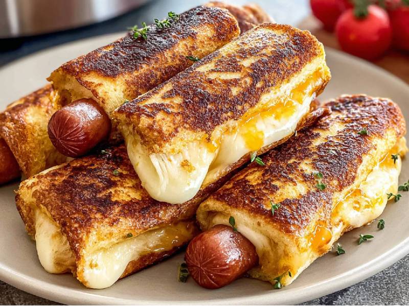 Ein Teller mit Grilled Cheese Hot Dog Sandwich aus dem Airfryer