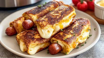 Ein Teller mit Grilled Cheese Hot Dog Sandwich aus dem Airfryer