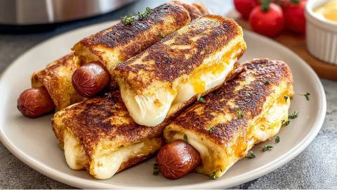 Ein Teller mit Grilled Cheese Hot Dog Sandwich aus dem Airfryer