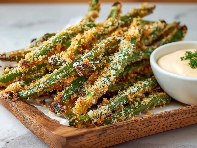 Ein Holzbrett, das mit weißem Backpapier ausgelegt, auf dem eine Portion grüne Bohnen im Knuspermantel liegen. Daneben steht eine Schale mit einem Dip.