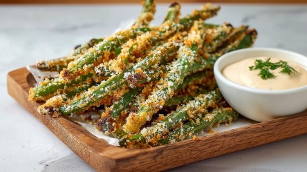 Ein Holzbrett, das mit weißem Backpapier ausgelegt, auf dem eine Portion grüne Bohnen im Knuspermantel liegen. Daneben steht eine Schale mit einem Dip.