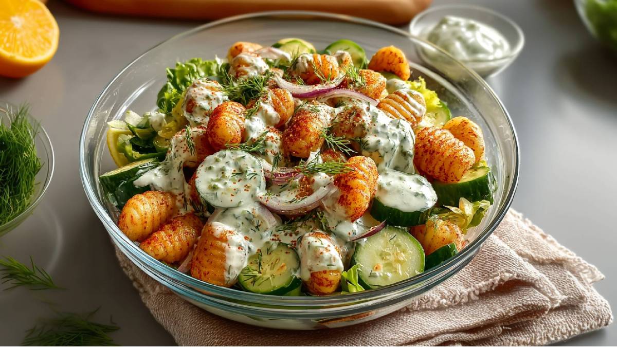 Schale mit Gurken-Gnocchi-Salat