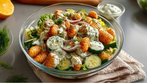 Schale mit Gurken-Gnocchi-Salat