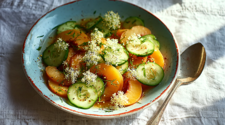 Gurken-Pfirsich-Salat mit Holunderblüten in einer hellblauen Schüssel.