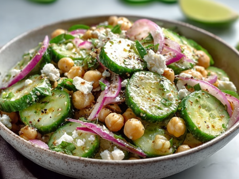 Eine Schale mit Gurkensalat mit Kichererbsen und Feta.