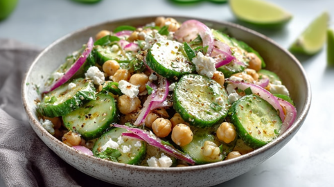 Eine Schale mit Gurkensalat mit Kichererbsen und Feta.