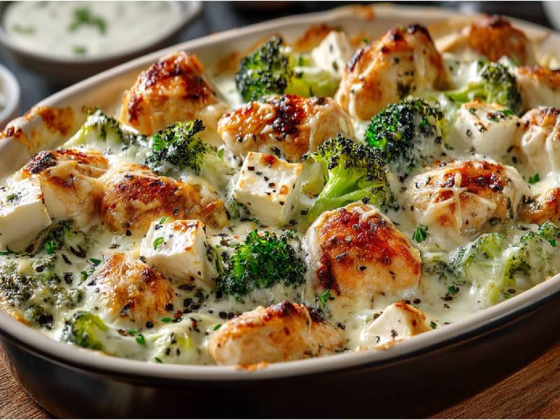 Auflaufform mit Hähnchen-Brokkoli-Auflauf mit Feta