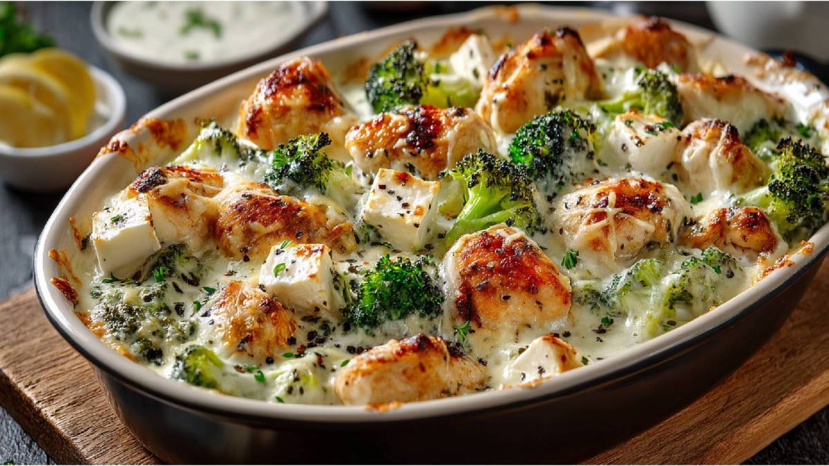 Auflaufform mit Hähnchen-Brokkoli-Auflauf mit Feta