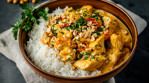 Hähnchen-Erdnuss-Curry mit Reis in einer Holzschüssel.