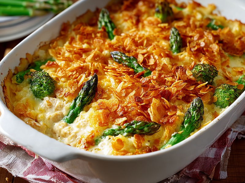Hähnchen-Reisauflauf mit Spargel in einer Auflaufform mit einer Cornflakeskruste.