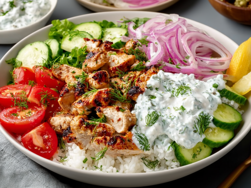Eine Hähnchen-Tzaziki-Bowl mit zartem Fleisch und knackigem Gemüse. Daneben liegt eine Gabel.