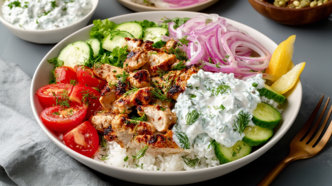 Eine Hähnchen-Tzaziki-Bowl mit zartem Fleisch und knackigem Gemüse. Daneben liegt eine Gabel.