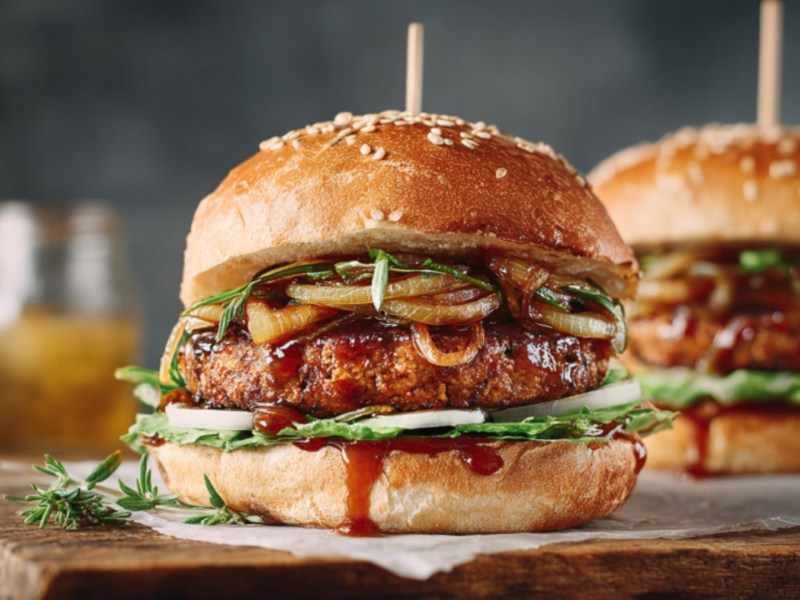 Zwei vegetarische Haferflocken-Burger mit Zwiebelmarmelade.