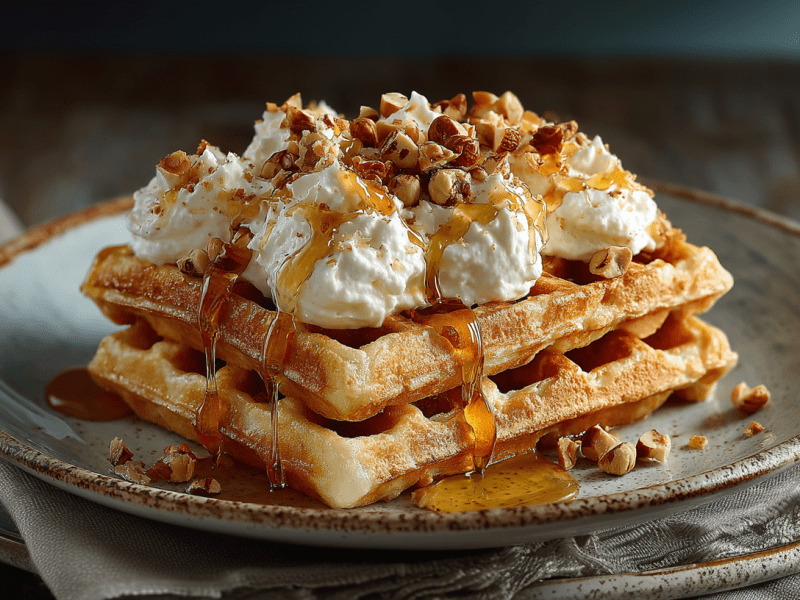Zwei Haselnusswaffeln auf einem grauen Teller. Sie sind mit Vanillecreme, Honig und gerösteten Haselnüssen garniert.