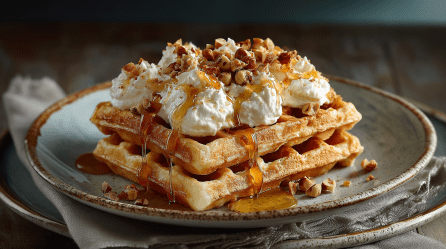 Zwei Haselnusswaffeln auf einem grauen Teller. Sie sind mit Vanillecreme, Honig und gerösteten Haselnüssen garniert.