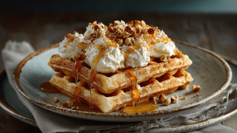 Zwei Haselnusswaffeln auf einem grauen Teller. Sie sind mit Vanillecreme, Honig und gerösteten Haselnüssen garniert.